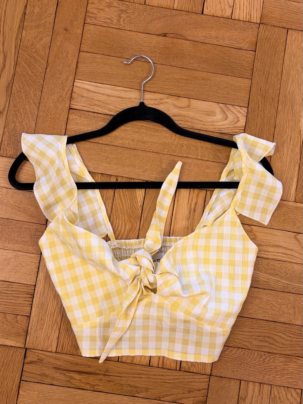 Yellow Gingham Tie-Front Ruffle Strap Crop Top